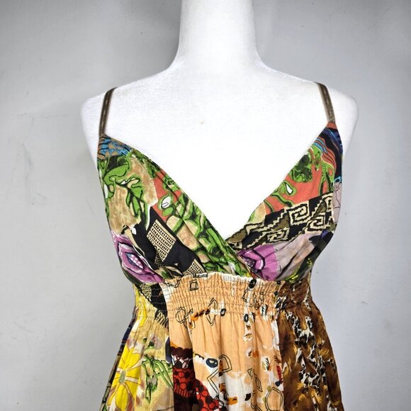 Vintage No Boundaries 90s Y2K Brown Green Floral Patchwork Strappy Sun Dress - Picture 2 of 7